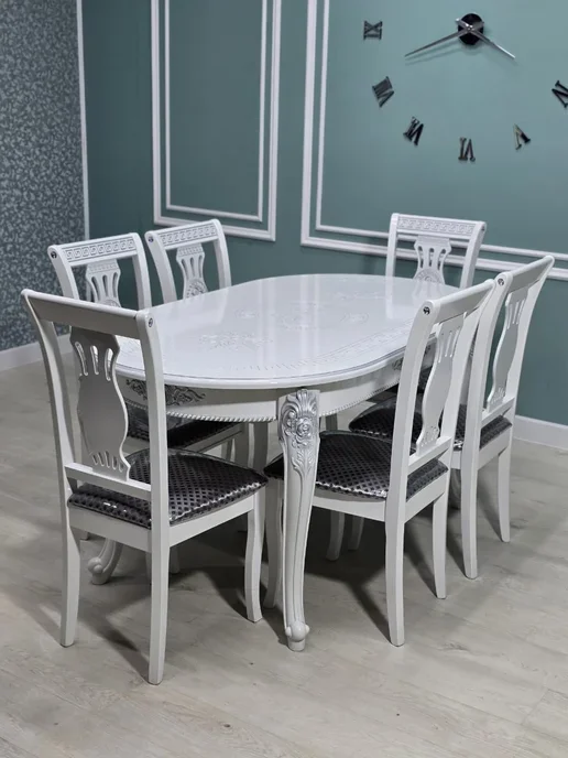 Комплект мебели для кухни стол и 6 стульев роза версачи белые