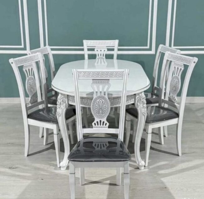 Комплект мебели для кухни стол и 6 стульев роза версачи белые